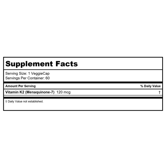 Vitamin K2 120mcg (60 VeggieCaps) Brand: A.O.R Advanced Orthomolecular Research - Supplement Facts panel