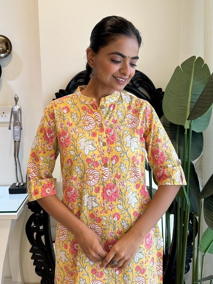 Weekend Cotton Kurta- Yellow Big Floral