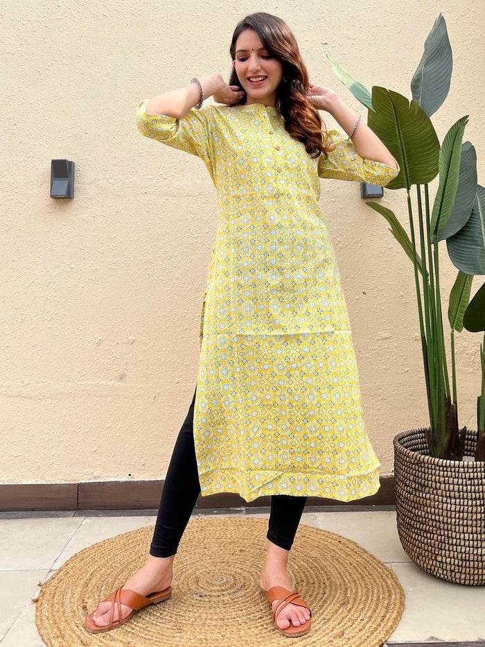 Weekend Cotton Offer Kurta- Lime Booti
