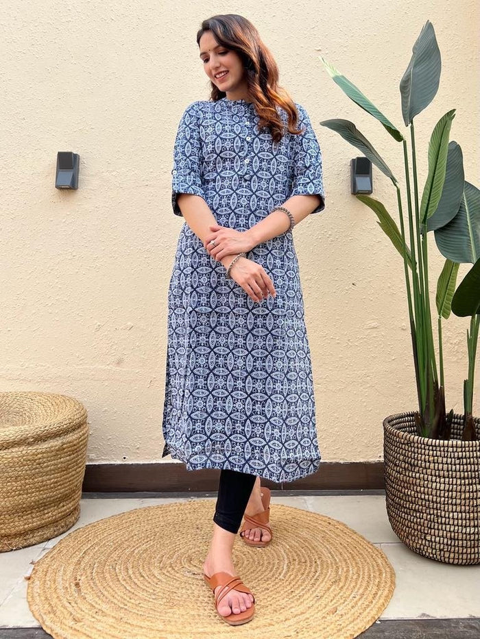 Weekend Cotton Offer Kurti- Navy Jaal