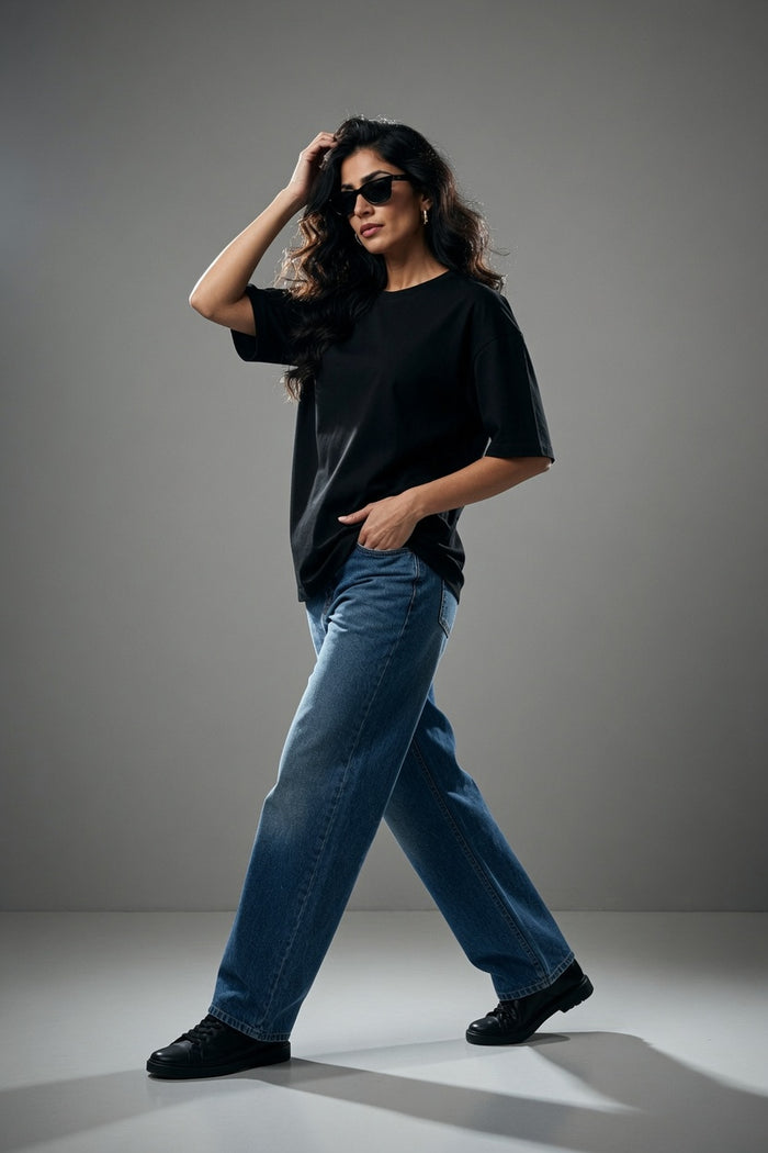 Women's Black Oversized Poly Cotton T-Shirt Relaxed Fit - Hinz Clothing