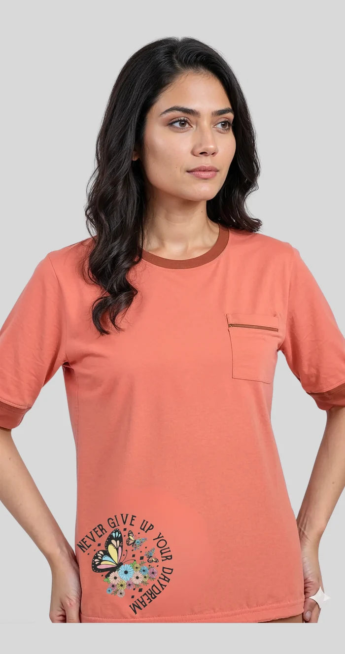 Women's Coral Pink Jersey Cotton Graphic T-Shirt & Rust Brown Trouser Night Suit