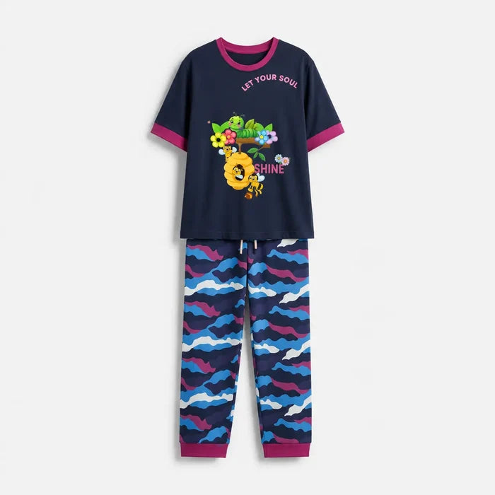 Women's Navy Blue Jersey Cotton GraphicWomen's Navy Blue Jersey Cotton Graphic T-Shirt & Camouflage Printed Trouser Night Suit T-Shirt & Camouflage Printed Trouser Night Suit