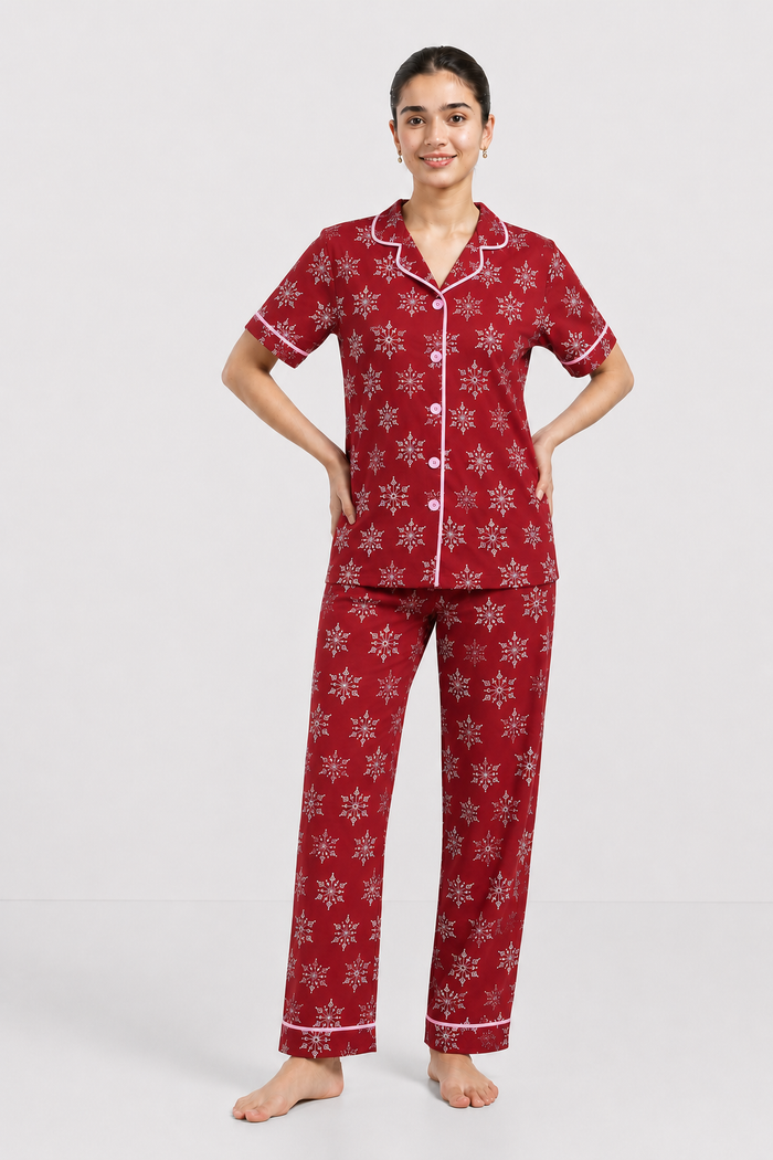 Women’s Red Printed Jersey Cotton Soft Button-Down Pajama Set