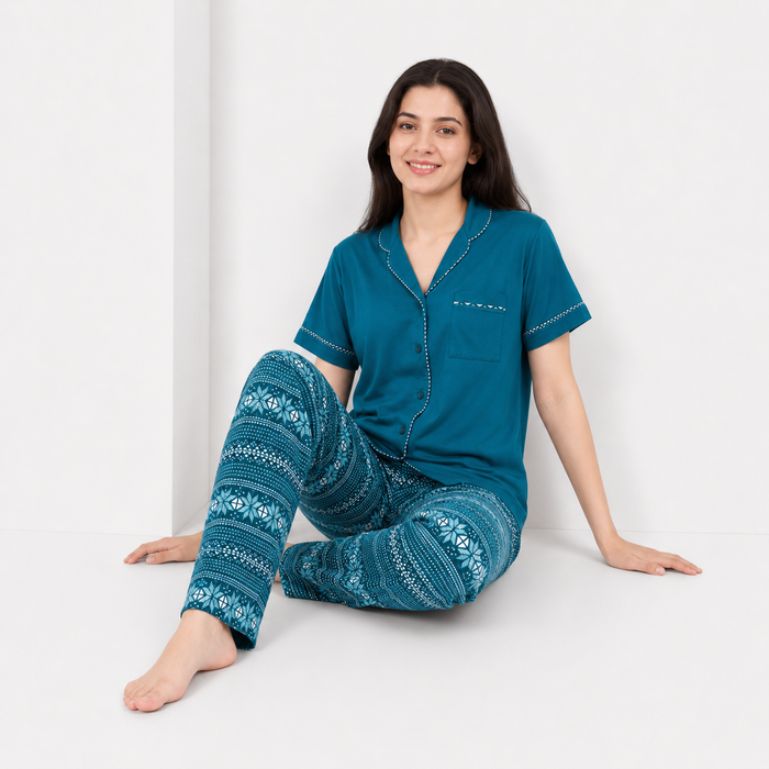 Women’s Teal Geometric Printed Jersey Cotton Soft Button-Down Pajama Set