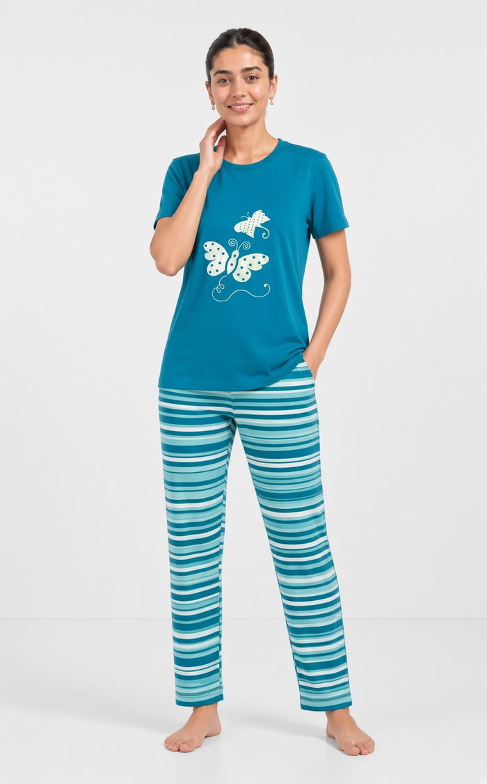 Women's Teal Green Printed T-Shirt Butterfly & Striped Trouser Set