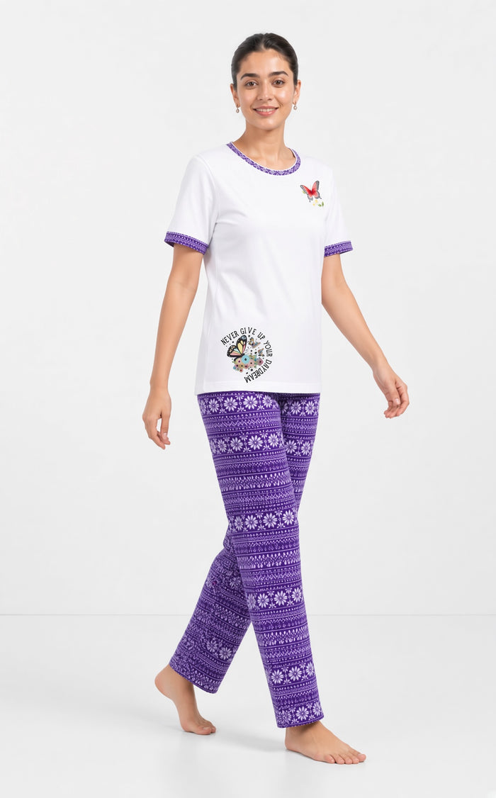 Women’s White & Purple Butterfly Print Single Jersey Cotton Pajama Set
