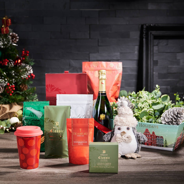 Yuletide Penguin & Champagne Gift Set, christmas gift, christmas, holiday gift, holiday, champagne gift, champagne, sparkling wine gift, sparkling wine, gourmet gift, gourmet, coffee gift, coffee