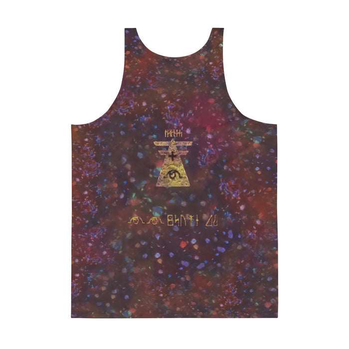 1st Edition Holographic Men's Tank - The distinct "antique gold bullion" (#CFA854) glyphs framing the psychic feline silhouette against a "cosmic nebula purple" (#291834) void, creating an immediate association with the illegible "Ancient" text of the 2000 motion picture promotional card.
