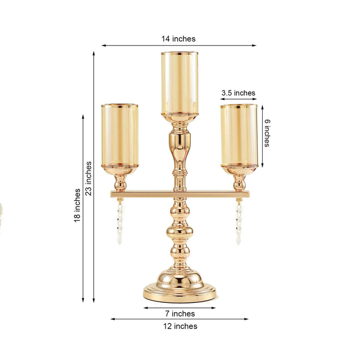 Gold candlestick holder with three glass candle holders and dimensions