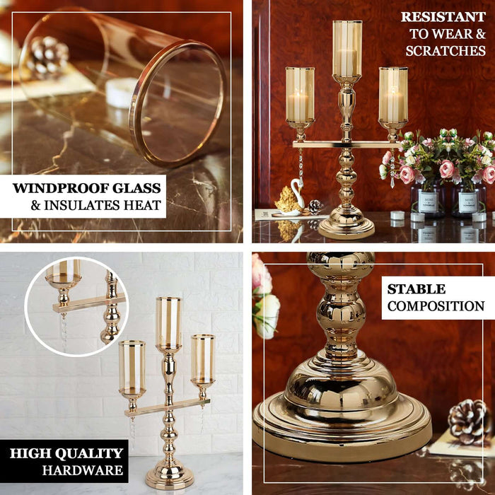 Elegant gold candelabra with windproof glass and stable base for home decor.