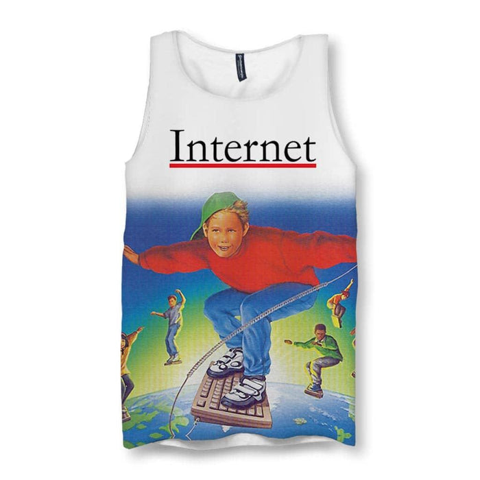 Mimicking a vintage 1990s educational textbook, an optical white header displays "Internet" in academic black serif with a signal red underline. Contact us with accessibility feedback, we'd love to help!