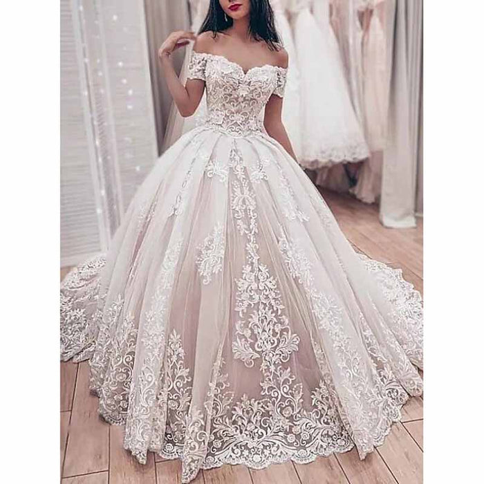 A-Line Princess Off-the-shoulder Sweep Train Lace Wedding Dresses