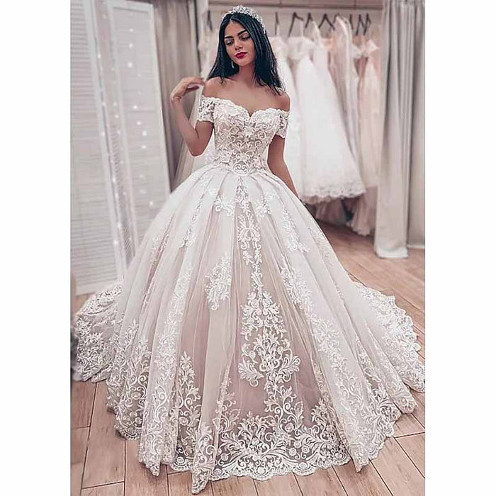 A-Line Princess Off-the-shoulder Sweep Train Lace Wedding Dresses