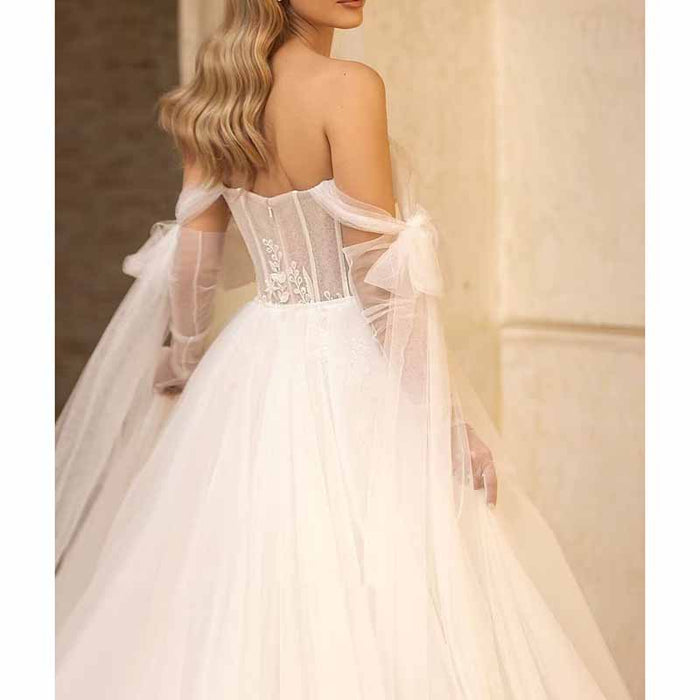 A-Line Princess Off-the-Shoulder Sweep Train Tulle Wedding Dresses