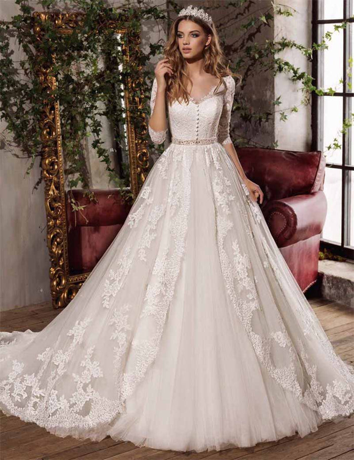 A-Line Princess Scoop Sweep Train Tulle Wedding Dresses With Sleeves