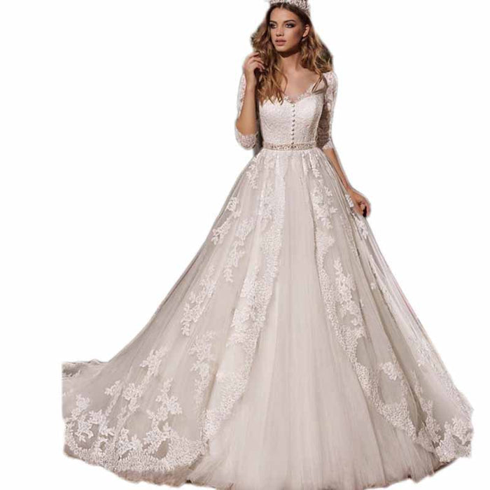 A-Line Princess Scoop Sweep Train Tulle Wedding Dresses With Sleeves