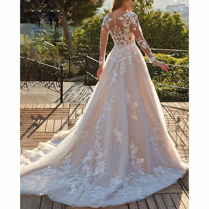 A-line Princess V Neck Long Sleeves Court Train Lace Wedding Dress With Appliqued