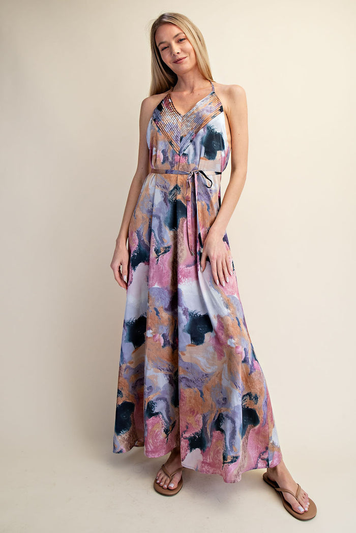 Abstract Print Halter Open-Back Maxi Dress - SALE