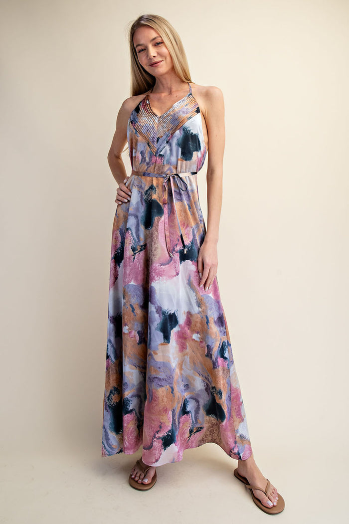 Abstract Print Halter Open-Back Maxi Dress - SALE