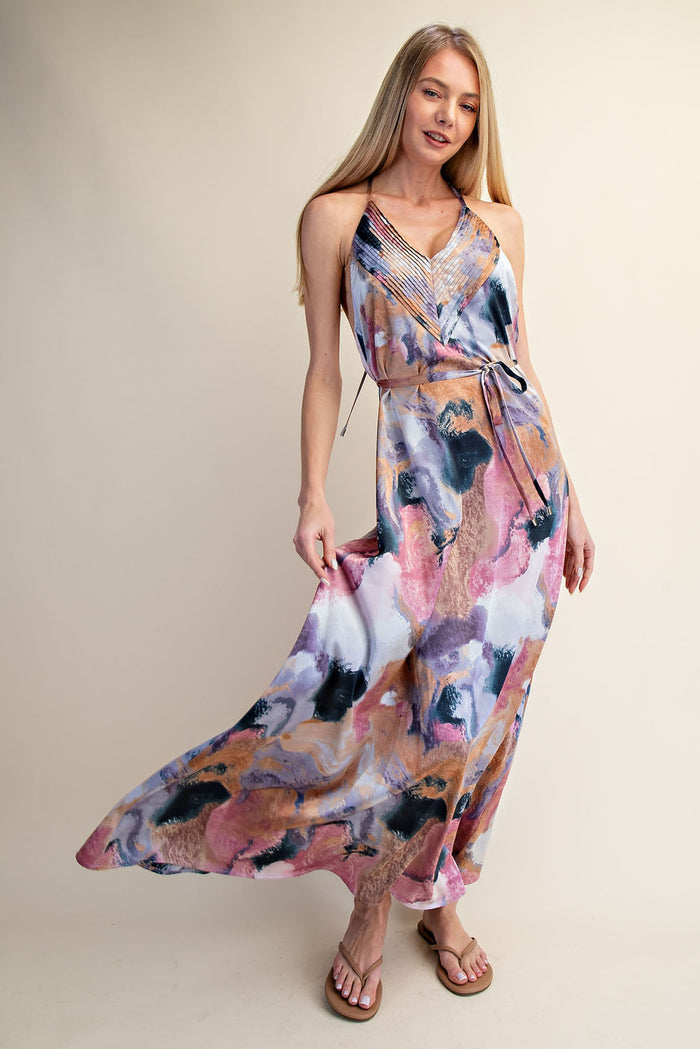Abstract Print Halter Open-Back Maxi Dress - SALE