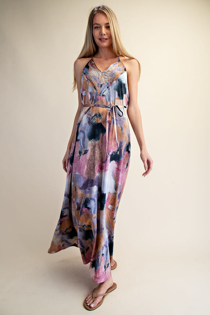 Abstract Print Halter Open-Back Maxi Dress - SALE