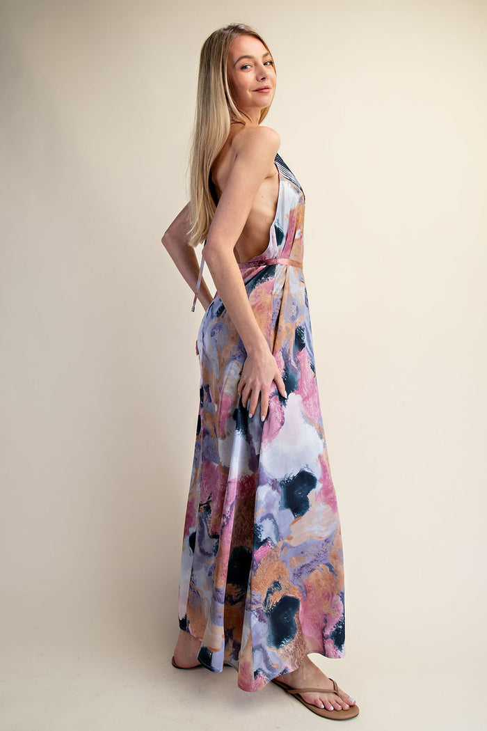 Abstract Print Halter Open-Back Maxi Dress - SALE