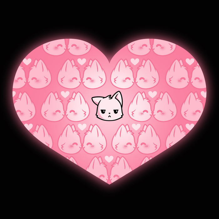Premium Cotton T-shirt_TeeTurtle All by Meowself black t-shirt featuring multiple pink cats showing happy expressions surrounds a single central cat with a neutral expression.