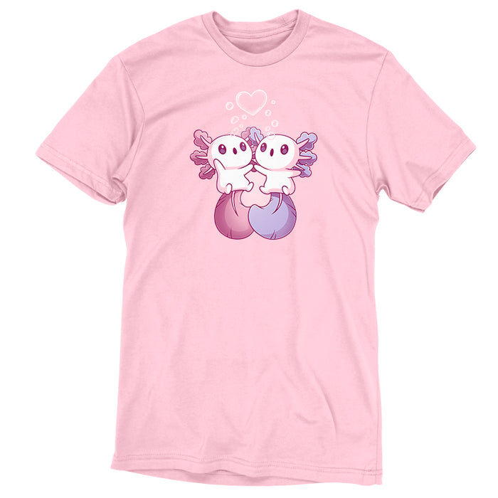 Premium Cotton T-shirt_TeeTurtle Alotl Love apparel featuring one pink and one blue axolotl holding hands underneath a heart-shaped bubble.