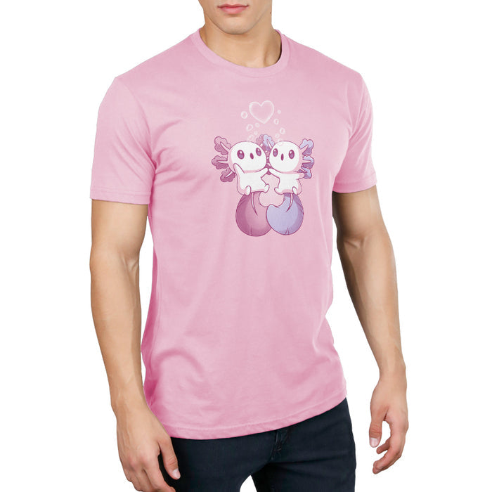 Premium Cotton T-shirt_TeeTurtle Alotl Love apparel featuring one pink and one blue axolotl holding hands underneath a heart-shaped bubble.