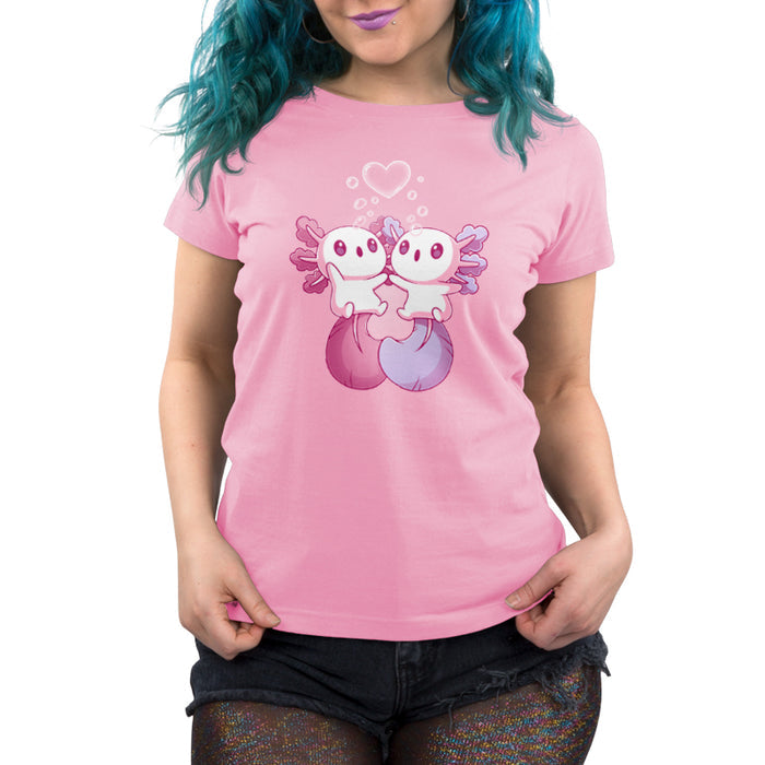Premium Cotton T-shirt_TeeTurtle Alotl Love apparel featuring one pink and one blue axolotl holding hands underneath a heart-shaped bubble.