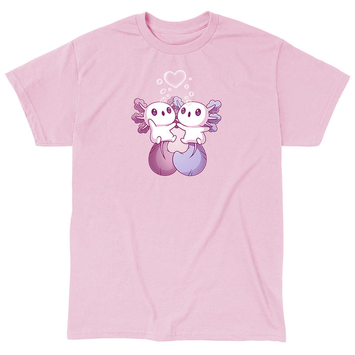 Classic Cotton T-shirt_TeeTurtle Alotl Love apparel featuring one pink and one blue axolotl holding hands underneath a heart-shaped bubble.