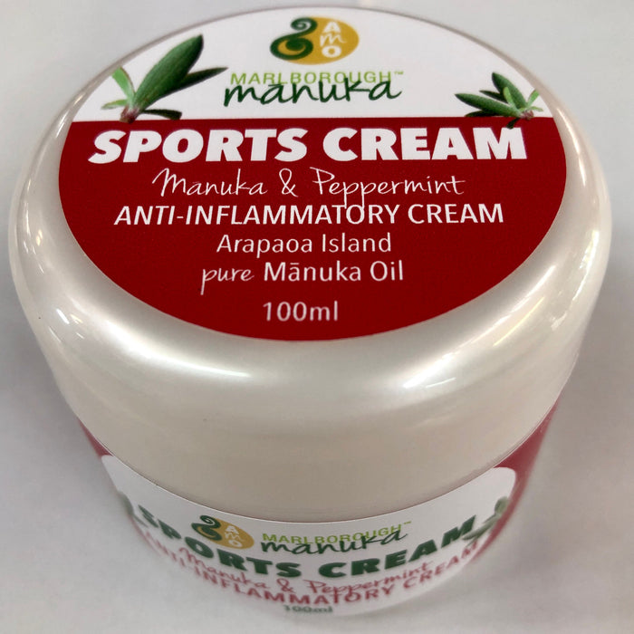 Side view of 100ml pot of sports cream with red and white label.