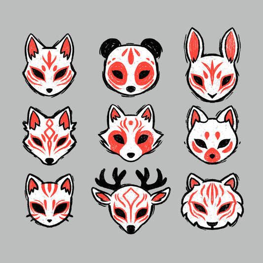 Premium Cotton T-shirt_TeeTurtle Animal Masks silver gray t-shirt featuring nine stylized animal masks, including foxes, a panda, a rabbit, a deer, and a tiger, each featuring red and black markings.