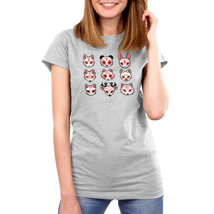 Premium Cotton T-shirt_TeeTurtle Animal Masks silver gray t-shirt featuring nine stylized animal masks, including foxes, a panda, a rabbit, a deer, and a tiger, each featuring red and black markings.
