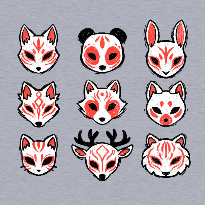 Classic Cotton T-shirt_TeeTurtle Animal Masks heather gray t-shirt featuring nine stylized animal masks, including foxes, a panda, a rabbit, a deer, and a tiger, each featuring red and black markings.