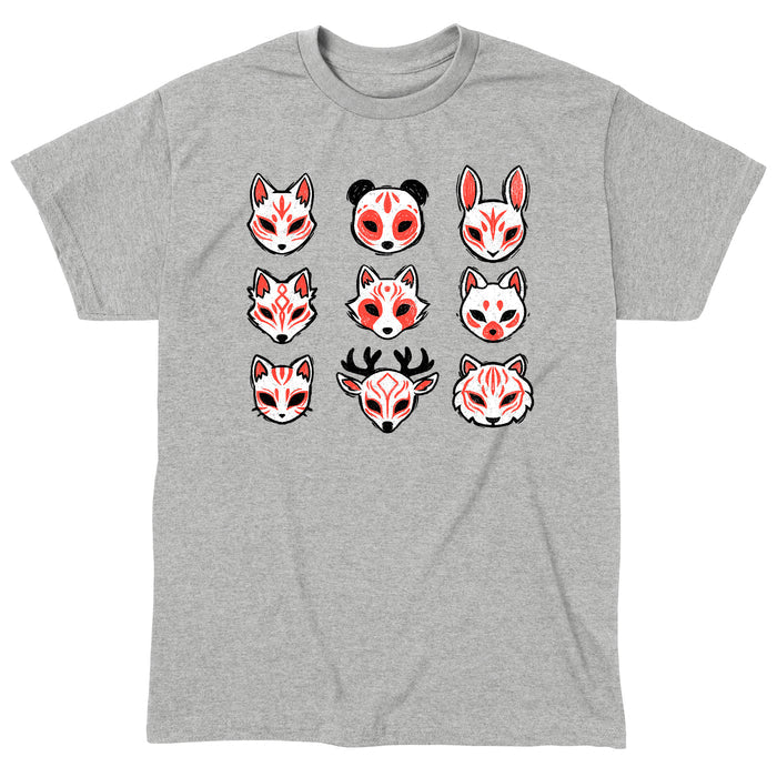 Classic Cotton T-shirt_TeeTurtle Animal Masks heather gray t-shirt featuring nine stylized animal masks, including foxes, a panda, a rabbit, a deer, and a tiger, each featuring red and black markings.