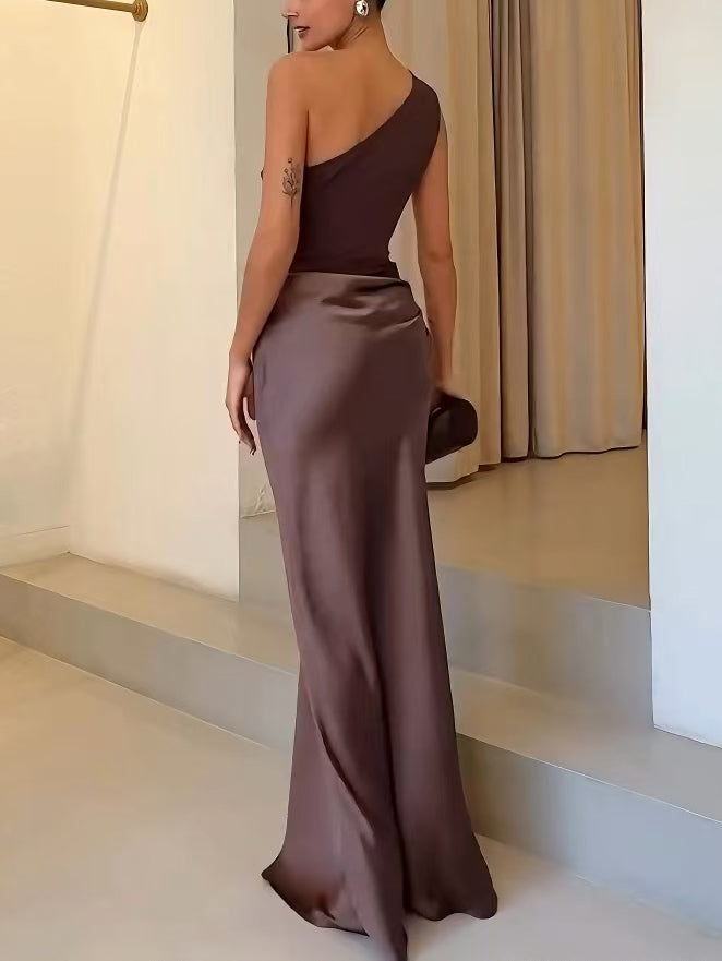 Anita™ | Elegant One Shoulder Neck Pleated Party Maxi Dress