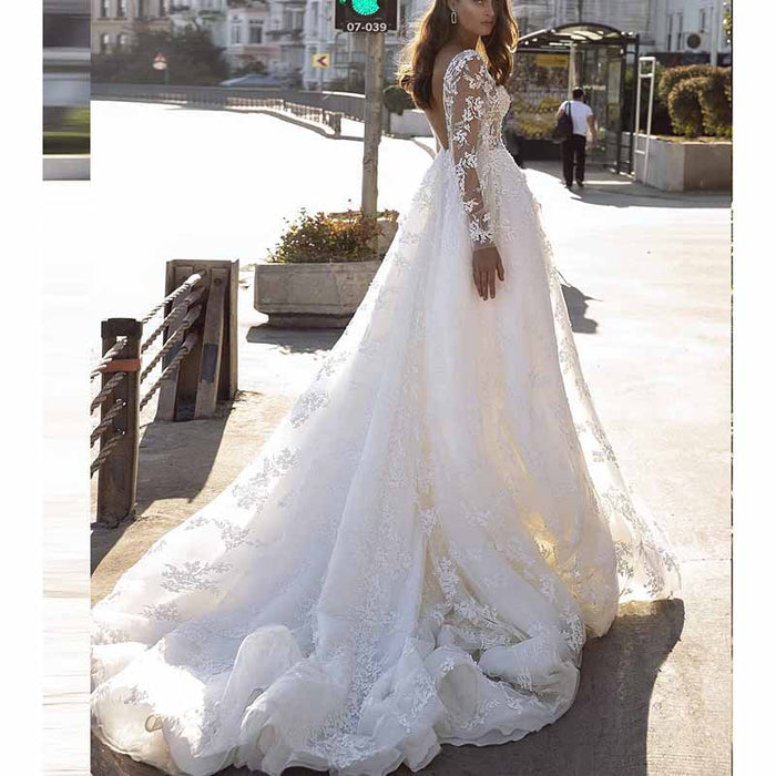 Appliqued Lace A-line Princess V-Neck Long Sleeve Sweep Train Tulle Wedding Dress