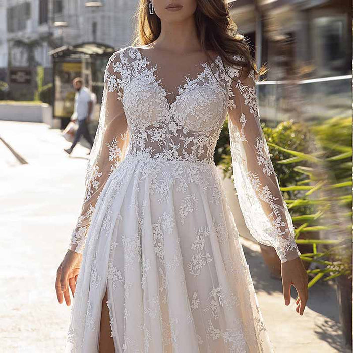 Appliqued Lace A-line Princess V-Neck Long Sleeve Sweep Train Tulle Wedding Dress