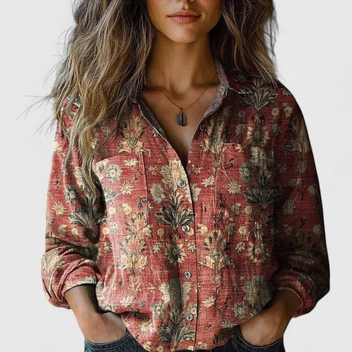 Autumn | Women's Vintage Floral Print Long Sleeve Button-Down Shirt