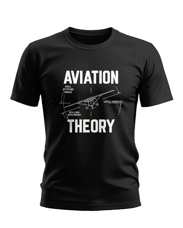 Black men's t-shirt with white 'Aviation Theory' graphic and airplane diagram print.