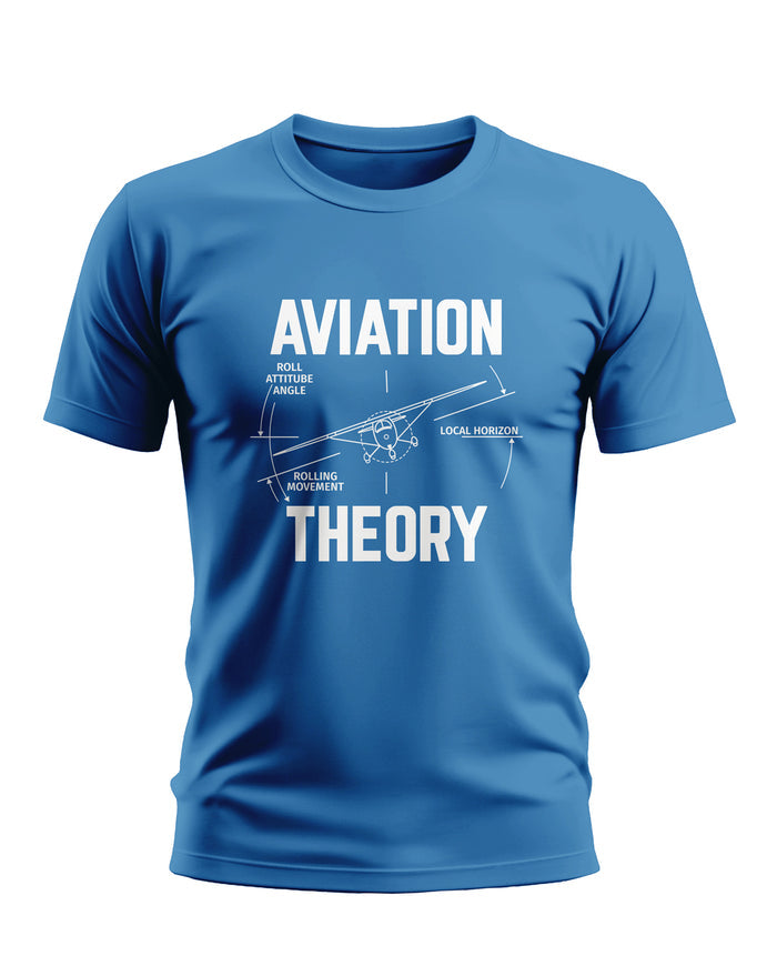 Blue men's t-shirt with white aviation theory graphic and airplane diagram print.