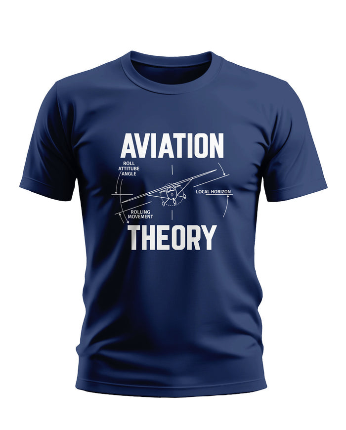 Navy blue men's t-shirt with aviation theory diagram and text graphic print.
