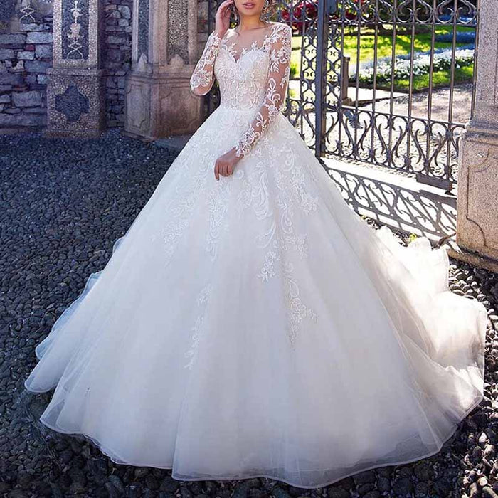 Ball Gown Bateau Full Long Sleeve Court Train Tulle Wedding Dress With Appliqued Lace