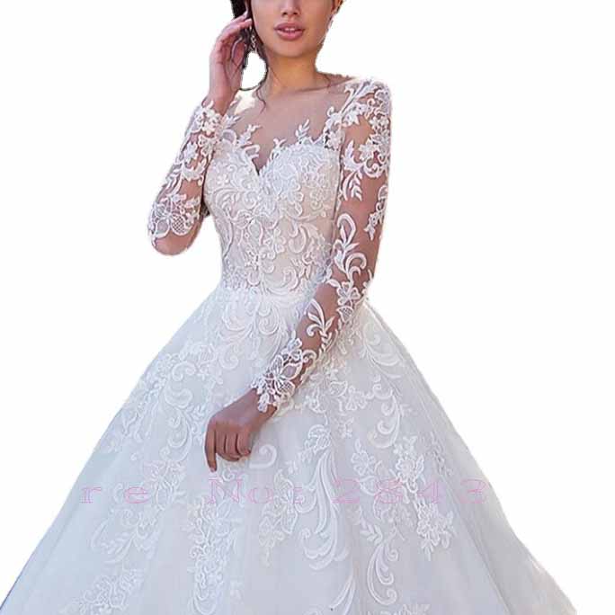Ball Gown Bateau Full Long Sleeve Court Train Tulle Wedding Dress With Appliqued Lace