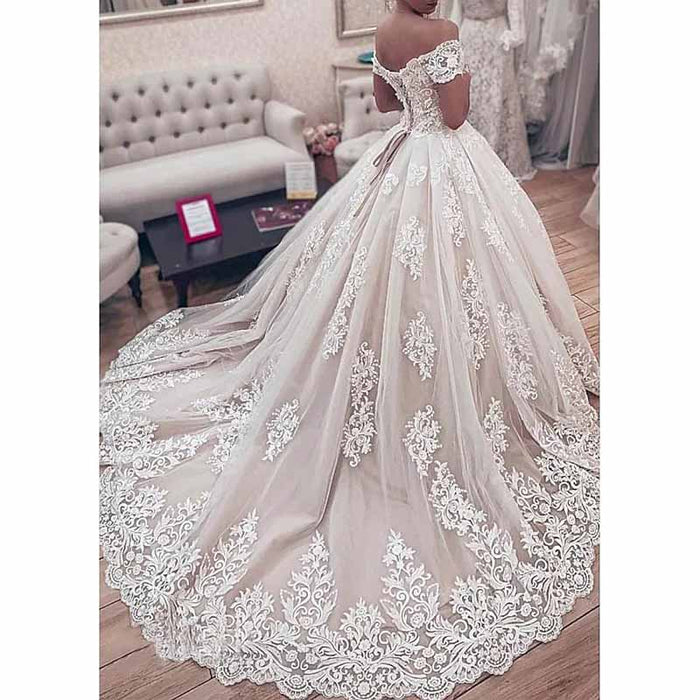 Ball Gown Off-the-shoulder Cathedral Train Tulle Wedding Dresses With Appliques Lace