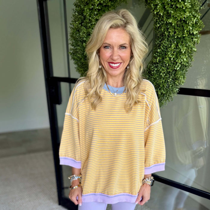 Banana & Lavender Stripe Washed Terry Pullover Top 9275