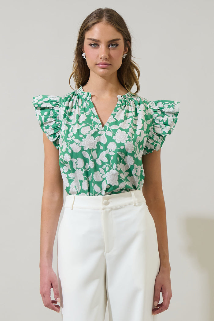 Baxley Floral Risette Ruffle Split Neck Top