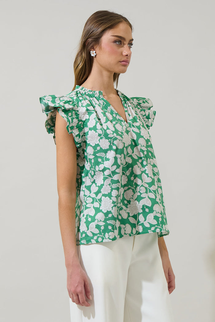 Baxley Floral Risette Ruffle Split Neck Top